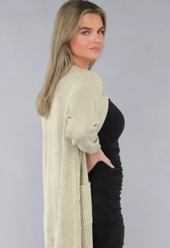 Lange Oversized Beige Cardigan met Gouden Knopen