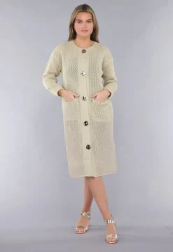 Lange Oversized Beige Cardigan met Gouden Knopen