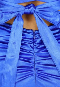 Lange Satijnen Kobalt Blauwe Avondjurk met Split