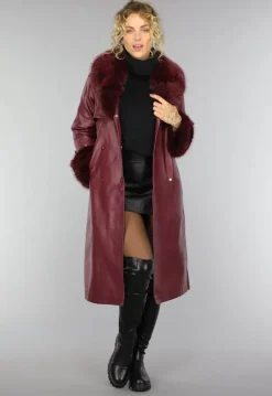 Lange Wijnrode Lederlook Trenchcoat met Bont