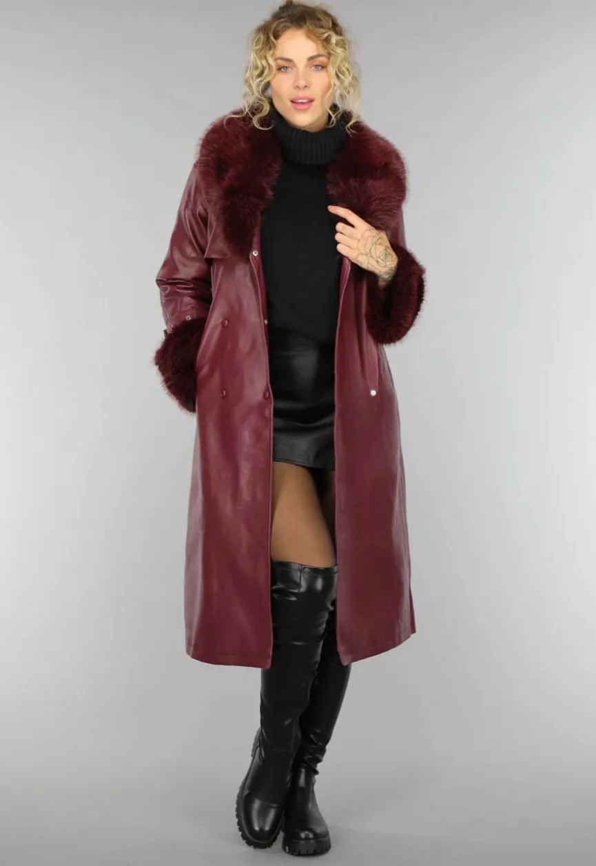 Lange Wijnrode Lederlook Trenchcoat met Bont
