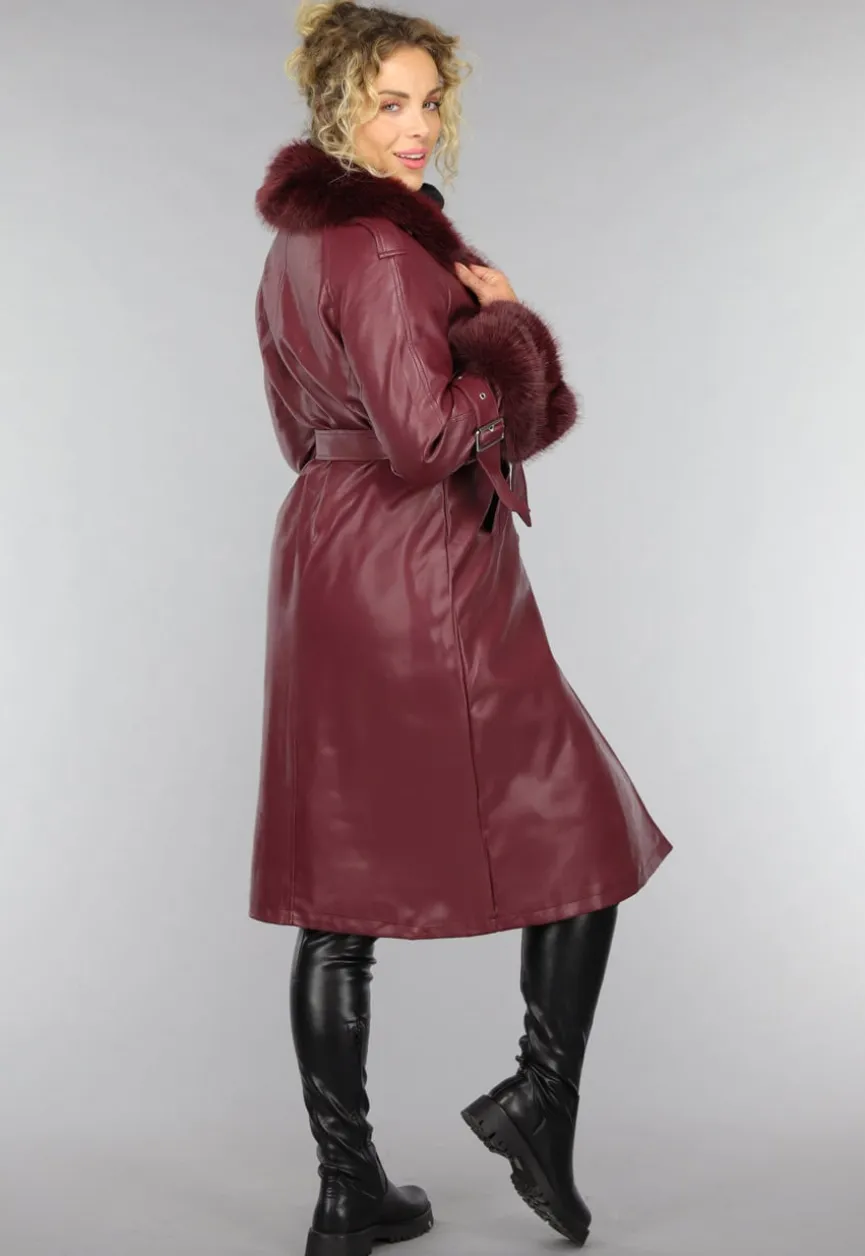 Lange Wijnrode Lederlook Trenchcoat met Bont