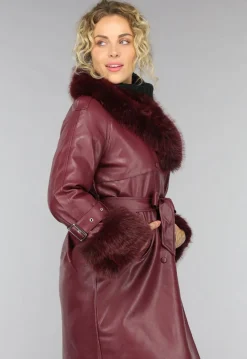 Lange Wijnrode Lederlook Trenchcoat met Bont