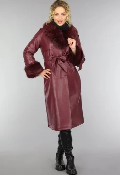 Lange Wijnrode Lederlook Trenchcoat met Bont
