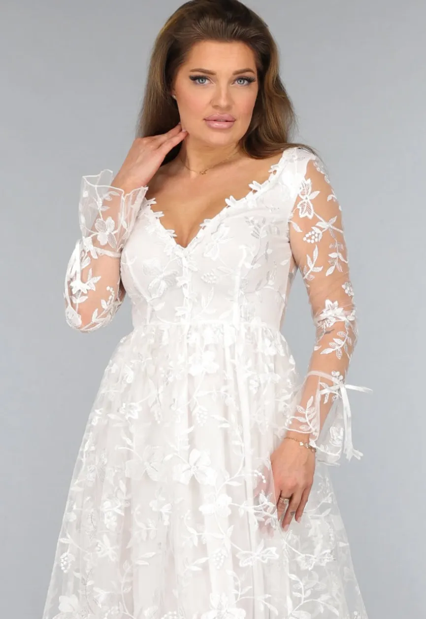 Lange Witte Bridal Jurk met Bloemen