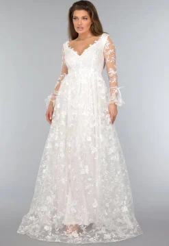 Lange Witte Bridal Jurk met Bloemen