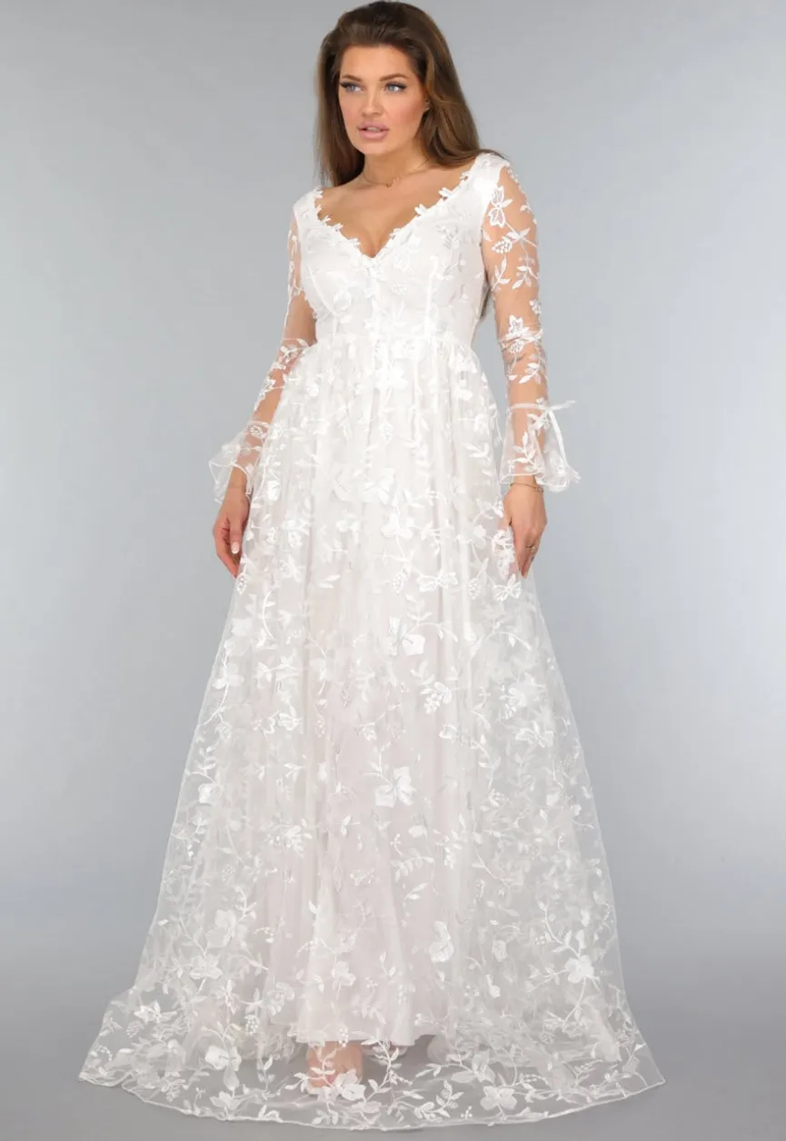 Lange Witte Bridal Jurk met Bloemen