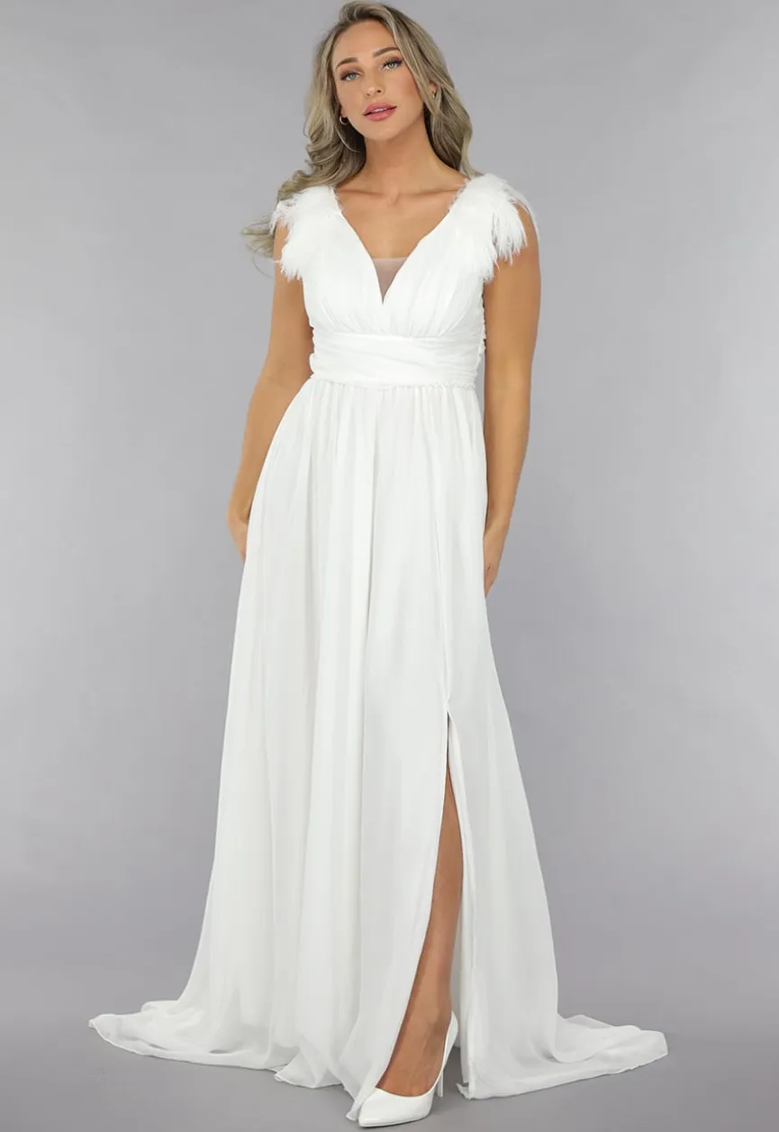 Lange Witte Chiffon Jurk met Veren Details
