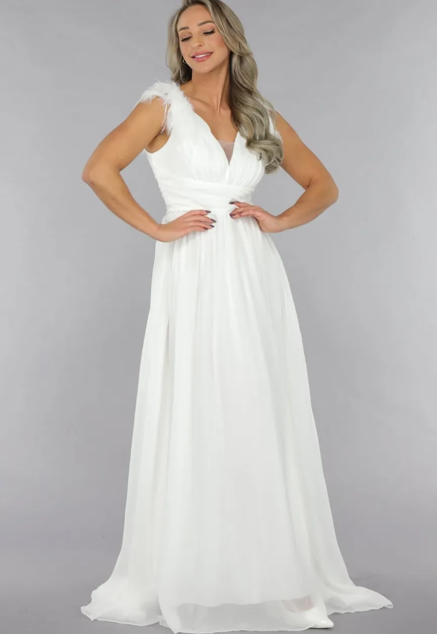 Lange Witte Chiffon Jurk met Veren Details