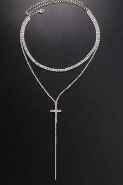 Lange Zilveren Strass ketting met Kruis Detail