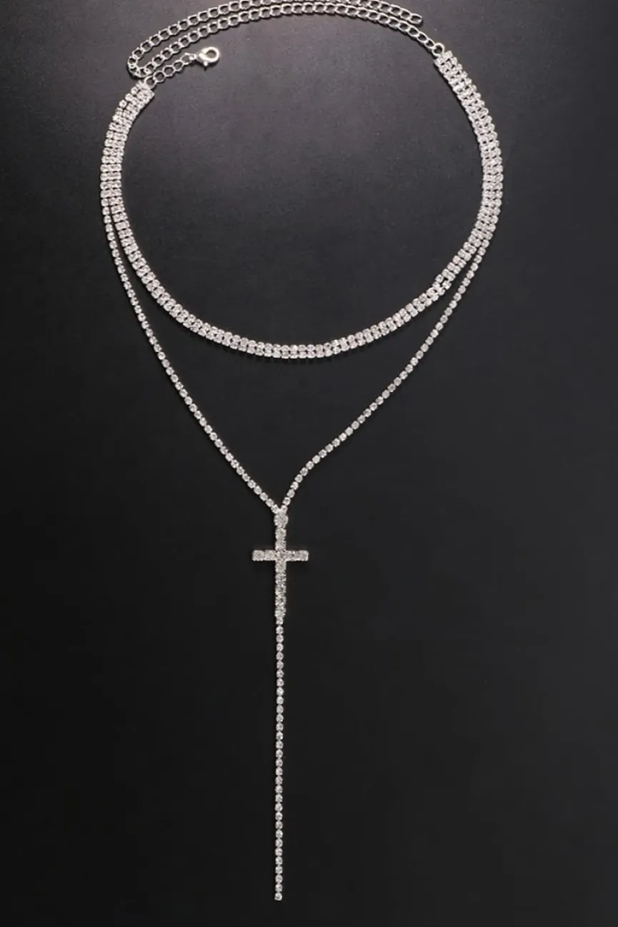 Lange Zilveren Strass ketting met Kruis Detail
