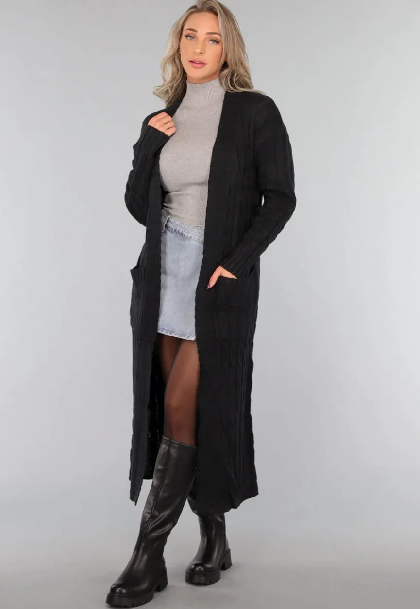 Lange Zwarte Cardigan met Zakken
