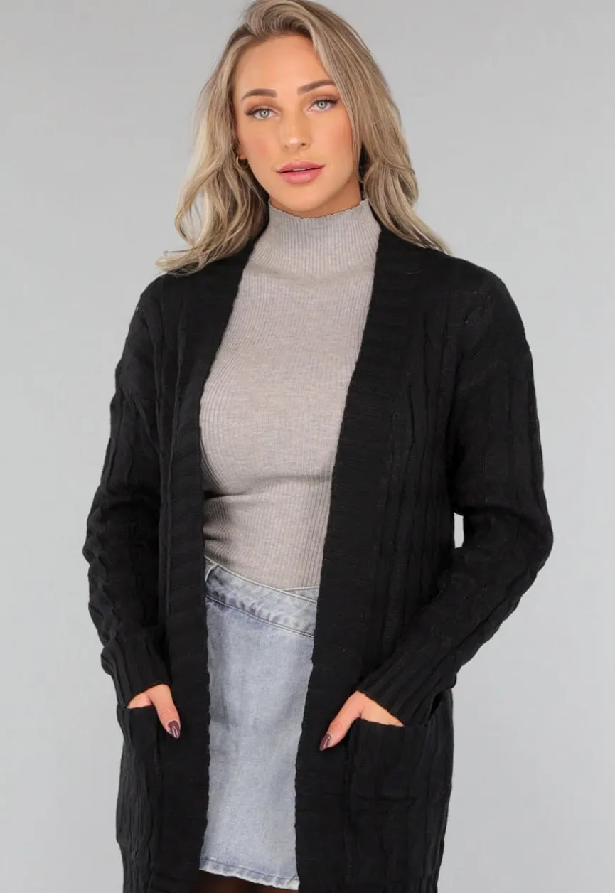 Lange Zwarte Cardigan met Zakken