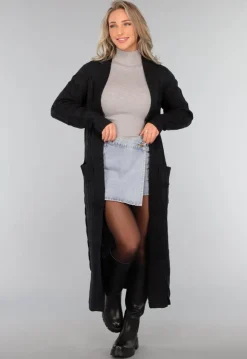 Lange Zwarte Cardigan met Zakken
