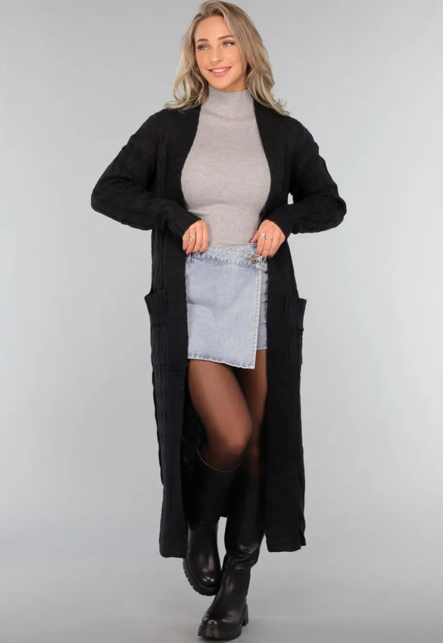 Lange Zwarte Cardigan met Zakken