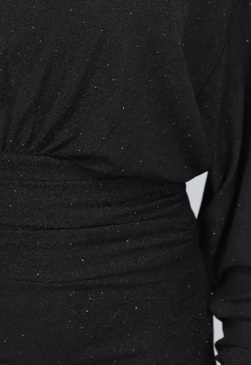 Lange Zwarte Geplooide Glitter Jurk met Strass