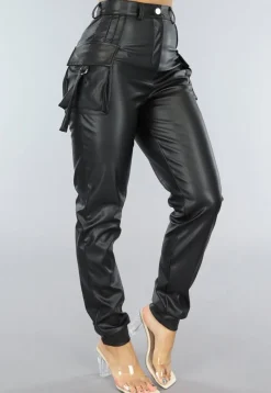 Lange Zwarte Lederlook Cargo Broek