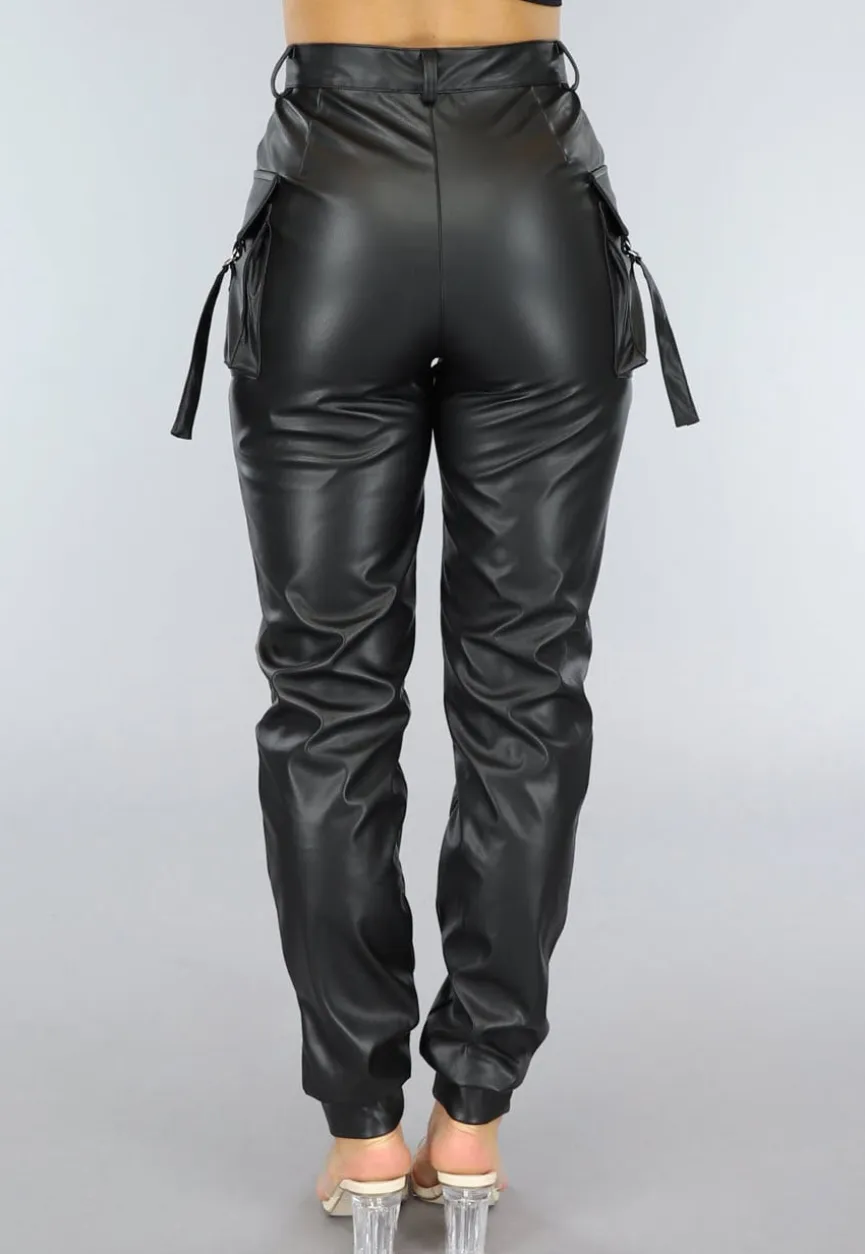 Lange Zwarte Lederlook Cargo Broek