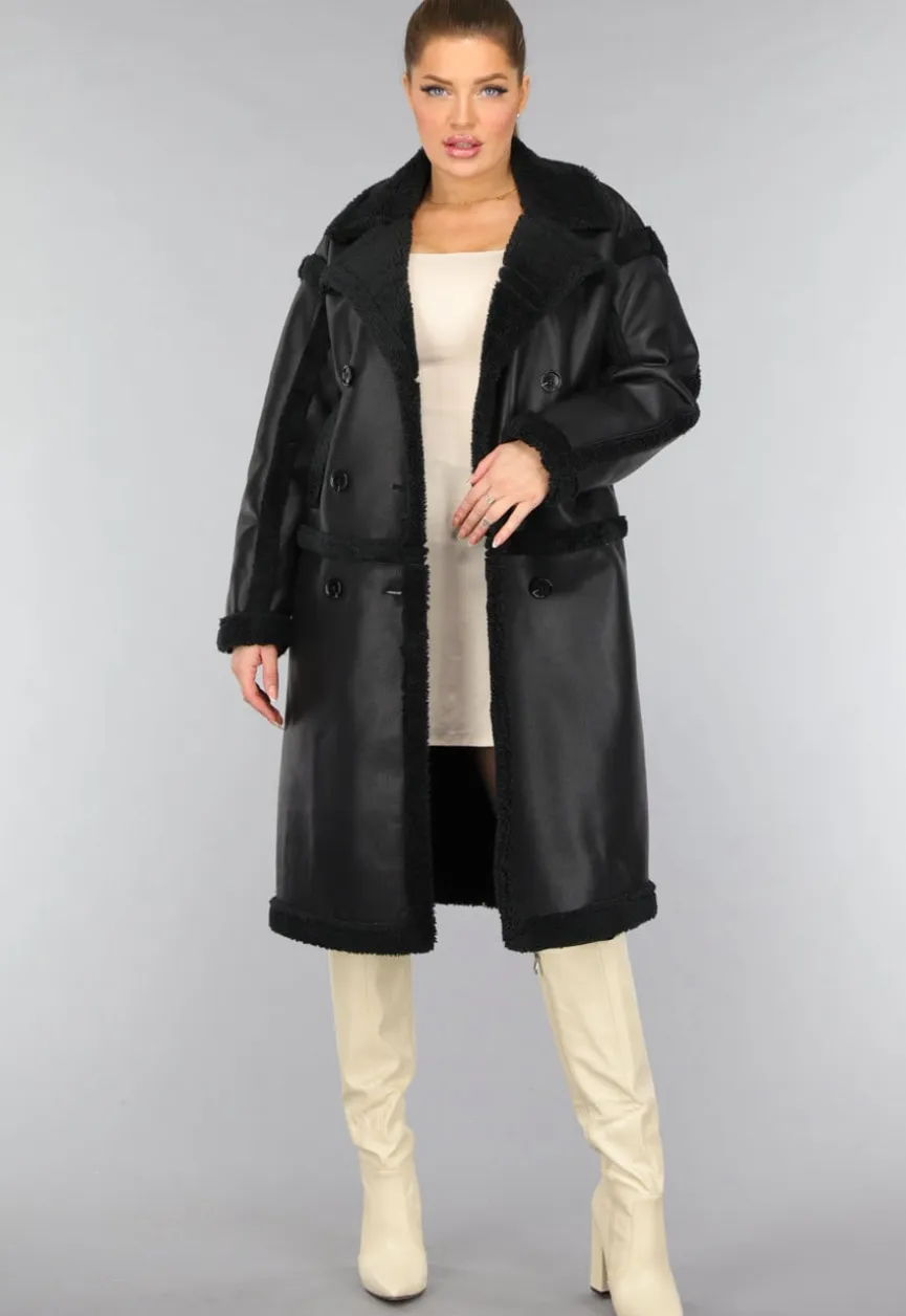 Lange Zwarte Lederlook Teddy Trenchcoat