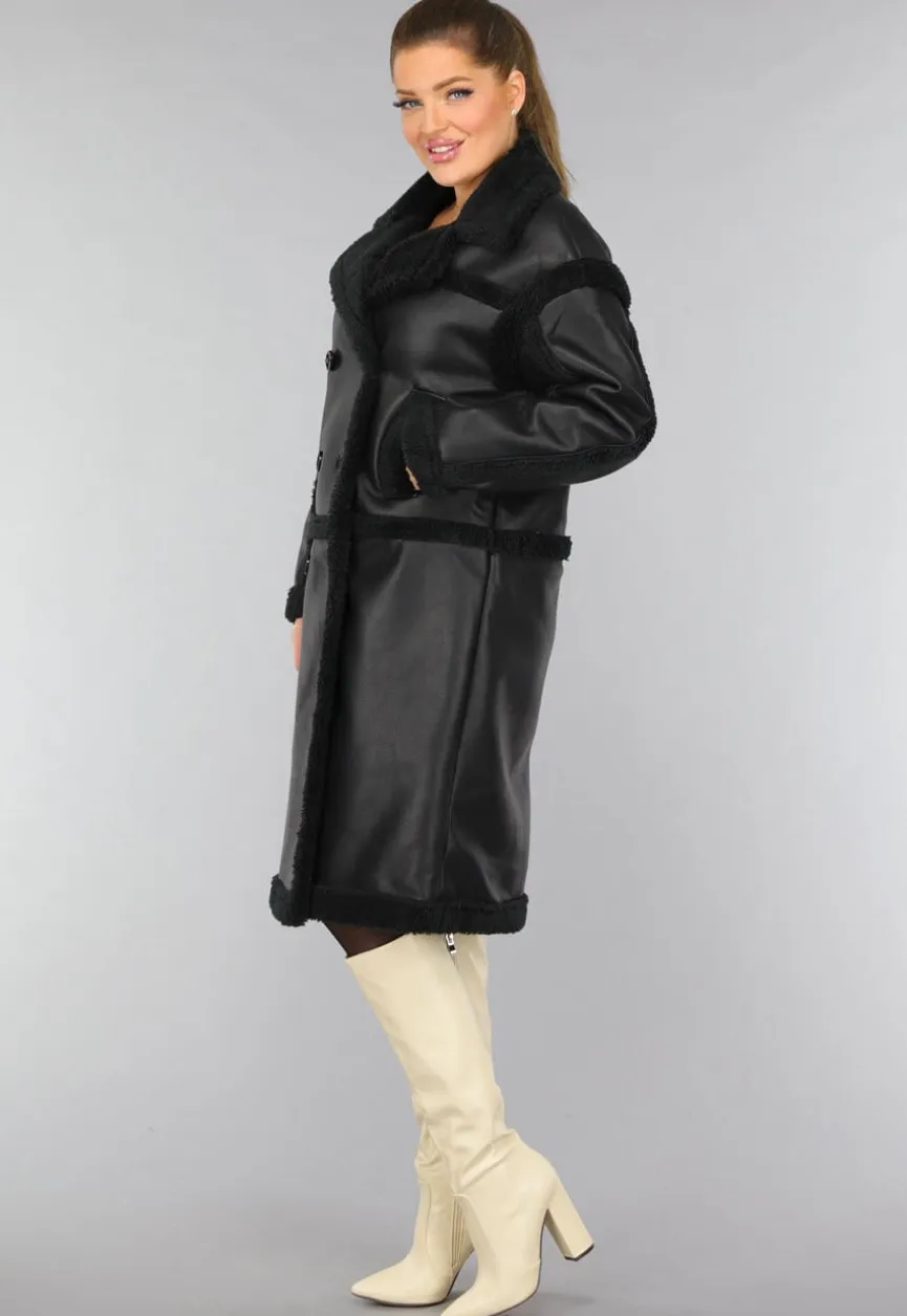 Lange Zwarte Lederlook Teddy Trenchcoat