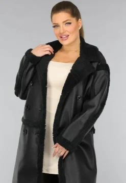 Lange Zwarte Lederlook Teddy Trenchcoat