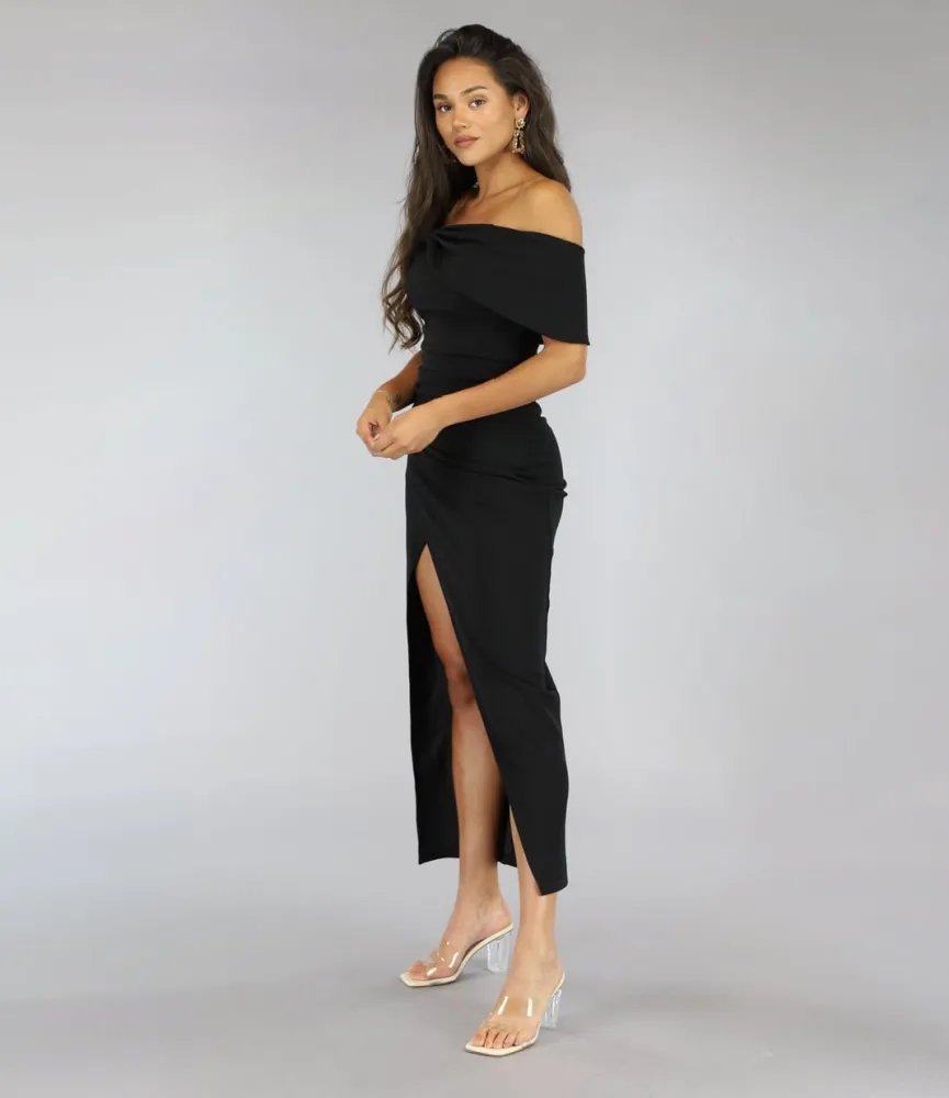 Lange Zwarte Off Shoulder Galajurk met Split