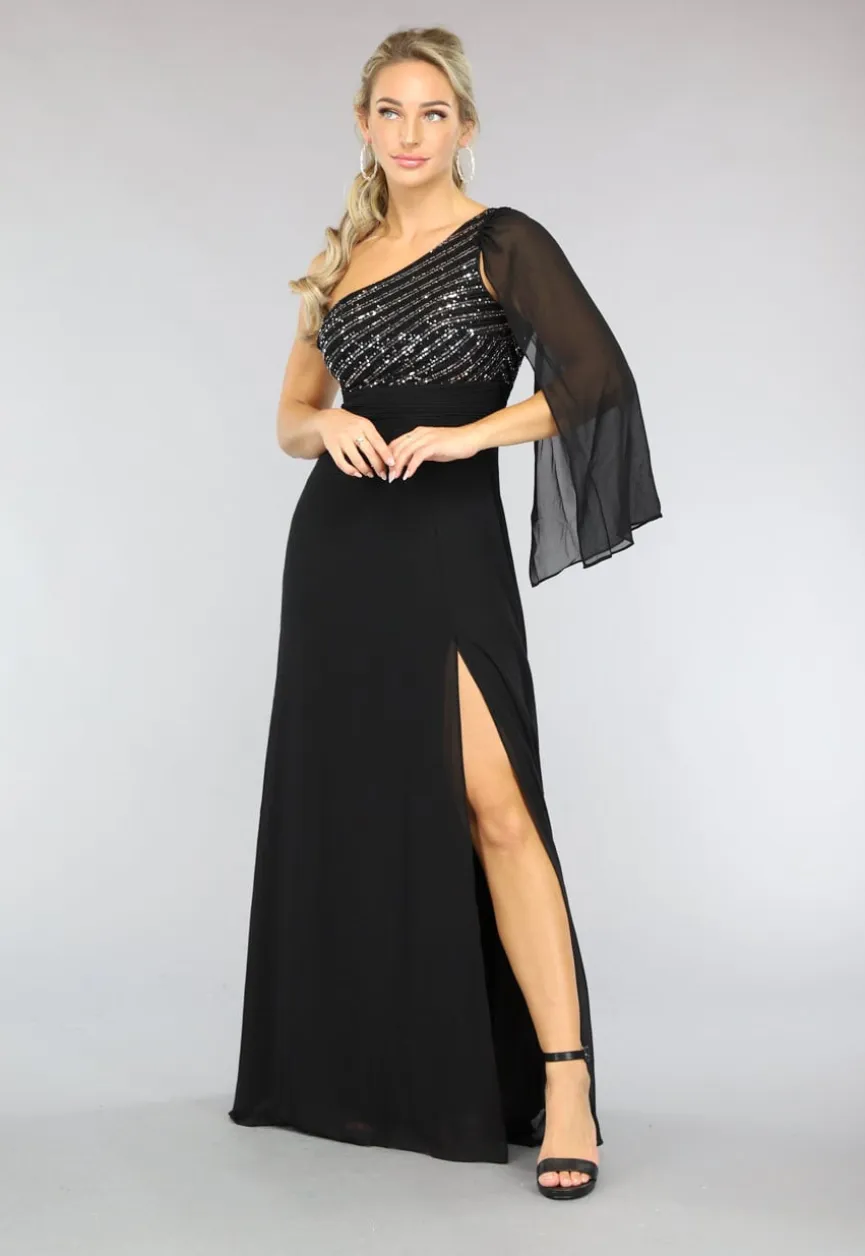 Lange Zwarte One Sleeve Chiffon Jurk met Split