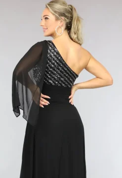 Lange Zwarte One Sleeve Chiffon Jurk met Split