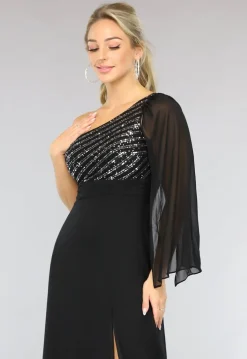 Lange Zwarte One Sleeve Chiffon Jurk met Split