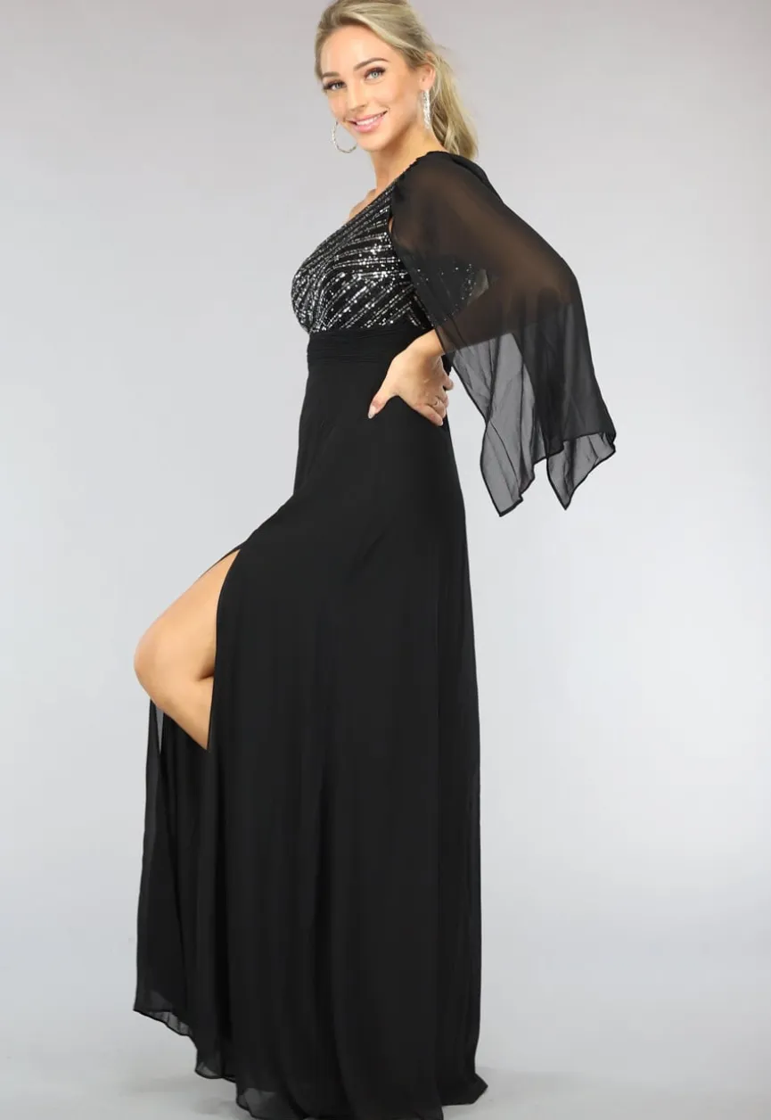 Lange Zwarte One Sleeve Chiffon Jurk met Split