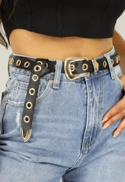 Lange Zwarte Riem met Gouden Ringen