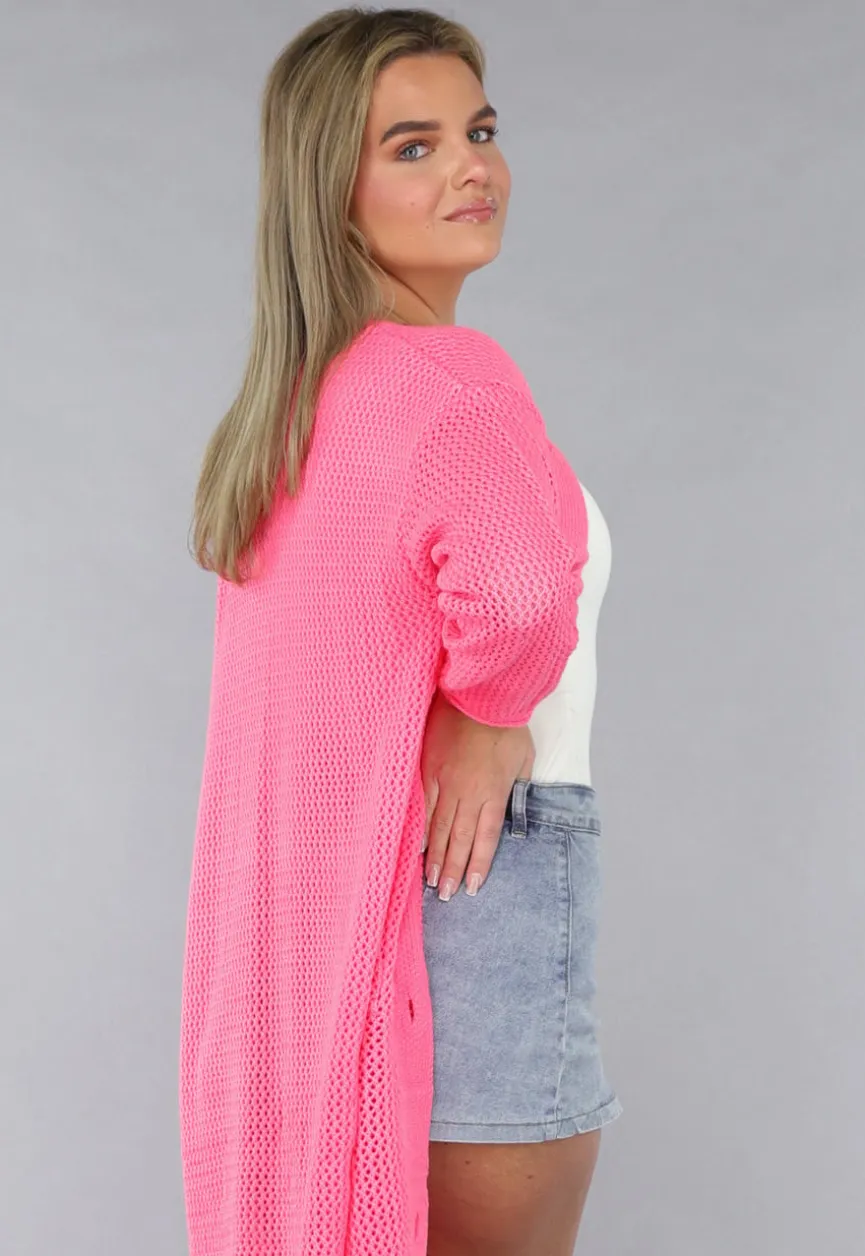 Lang Roze Gebreid Vest met Statement Knopen