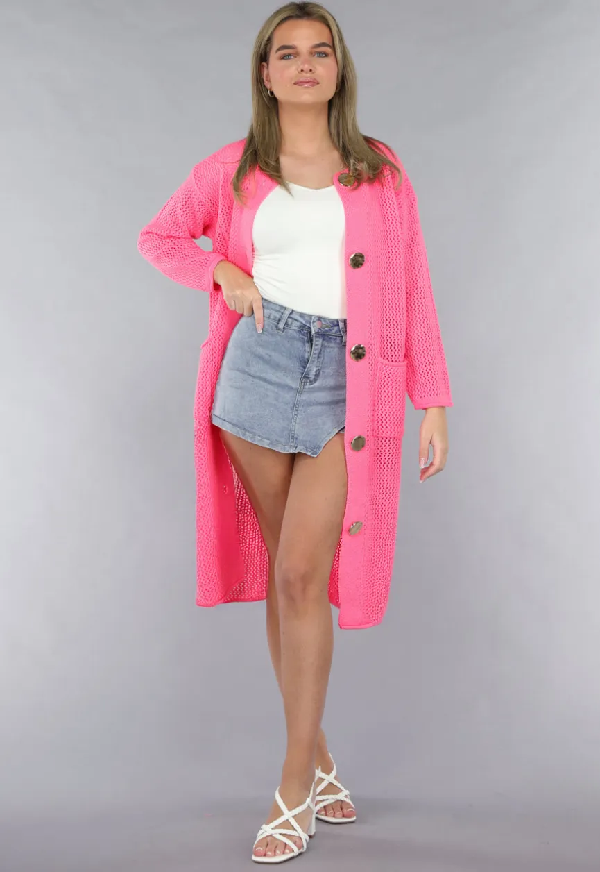 Lang Roze Gebreid Vest met Statement Knopen