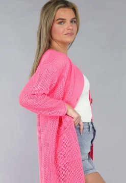 Lang Roze Gebreid Vest met Statement Knopen