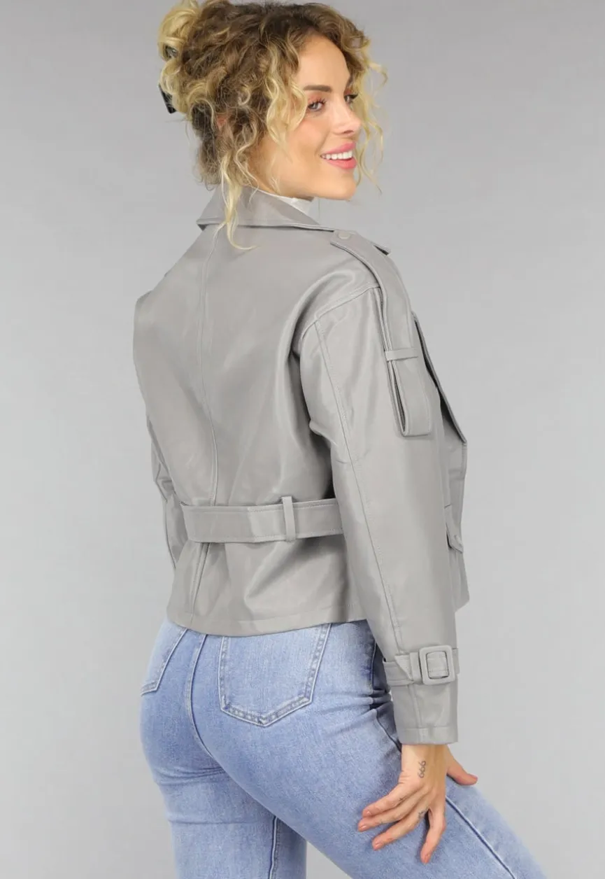 Lederlook Biker Jasje in Grijs