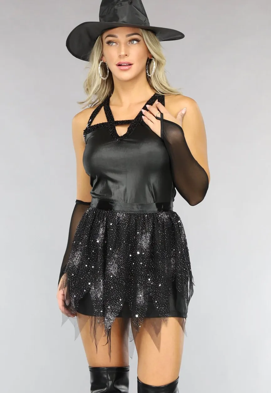 Lederlook Heksen Kostuum met Glitter Rokje en Accessoires