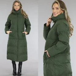 Legergroene Gevoerde Winterjas met Hoge Kraag