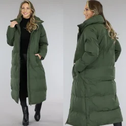 Legergroene Gevoerde Winterjas met Hoge Kraag