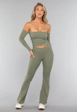 Legergroene Off Shoulder Top met Lange Mouwen