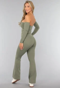 Legergroene Off Shoulder Top met Lange Mouwen