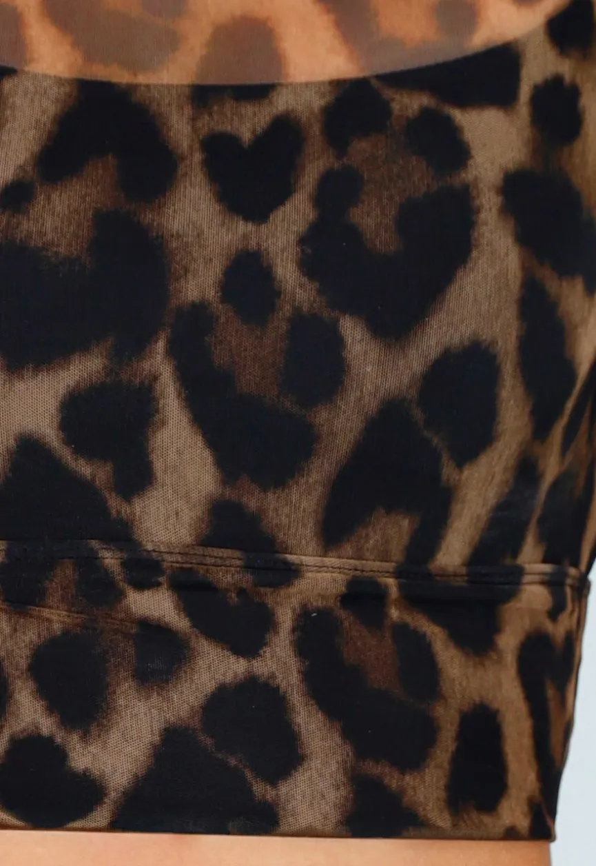 Leopard Mesh Crop Top met Lange Mouwen en Hoge Hals