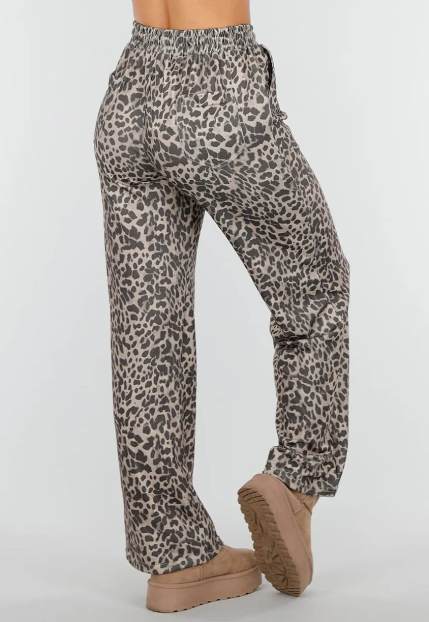 Leopard Print Broek met Rechte Pijp en Elastische Taille