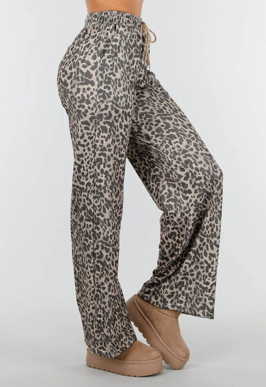 Leopard Print Broek met Rechte Pijp en Elastische Taille