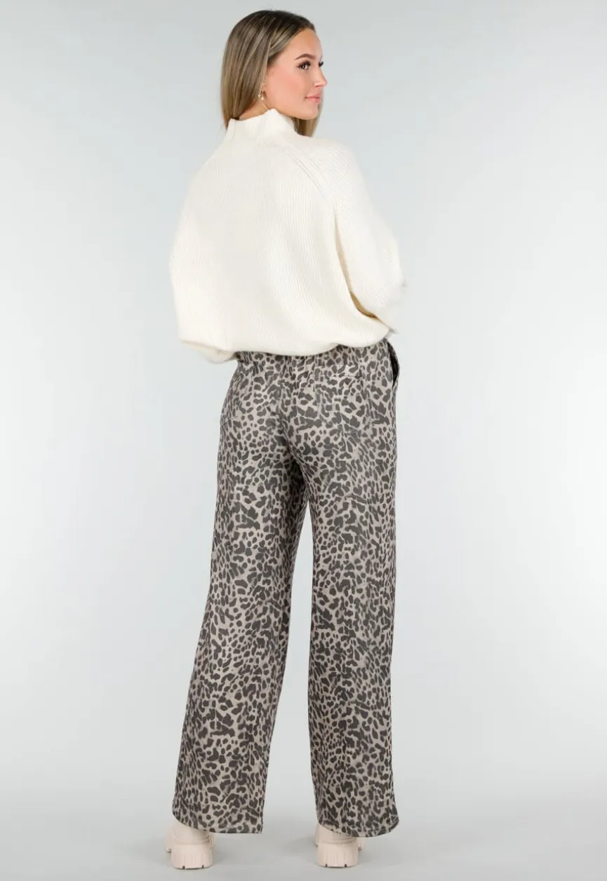 Leopard Print Broek met Rechte Pijp en Elastische Taille