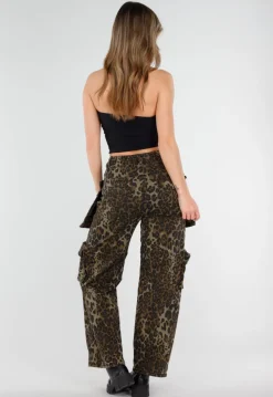 Leopard Print Denim Cargo Broek met Stretch en Zakken