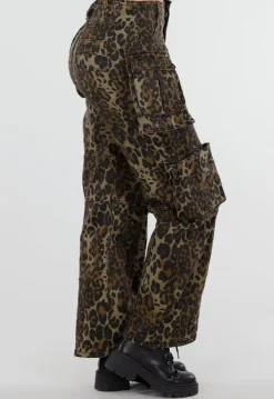 Leopard Print Denim Cargo Broek met Stretch en Zakken