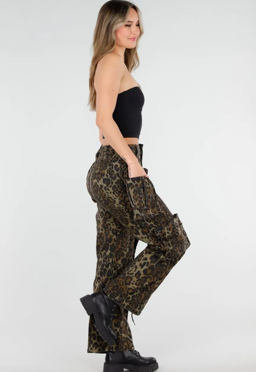 Leopard Print Denim Cargo Broek met Stretch en Zakken