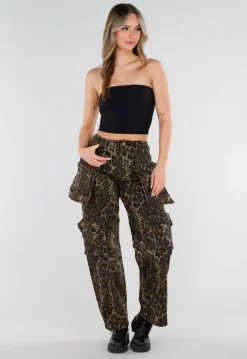 Leopard Print Denim Cargo Broek met Stretch en Zakken