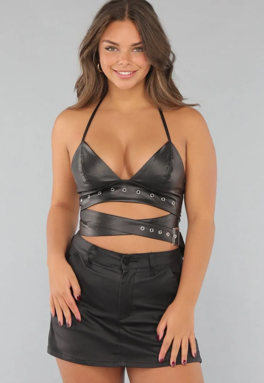 Leren Rave top met Gespdetails