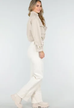 Licht Beige Cropped Jas met Grote Borstzakken en Epauletten